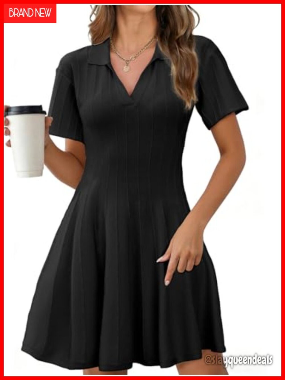 V Neck Ribbed Knit A Line Mini Dress Pleated Short Sleeve Summer Casual